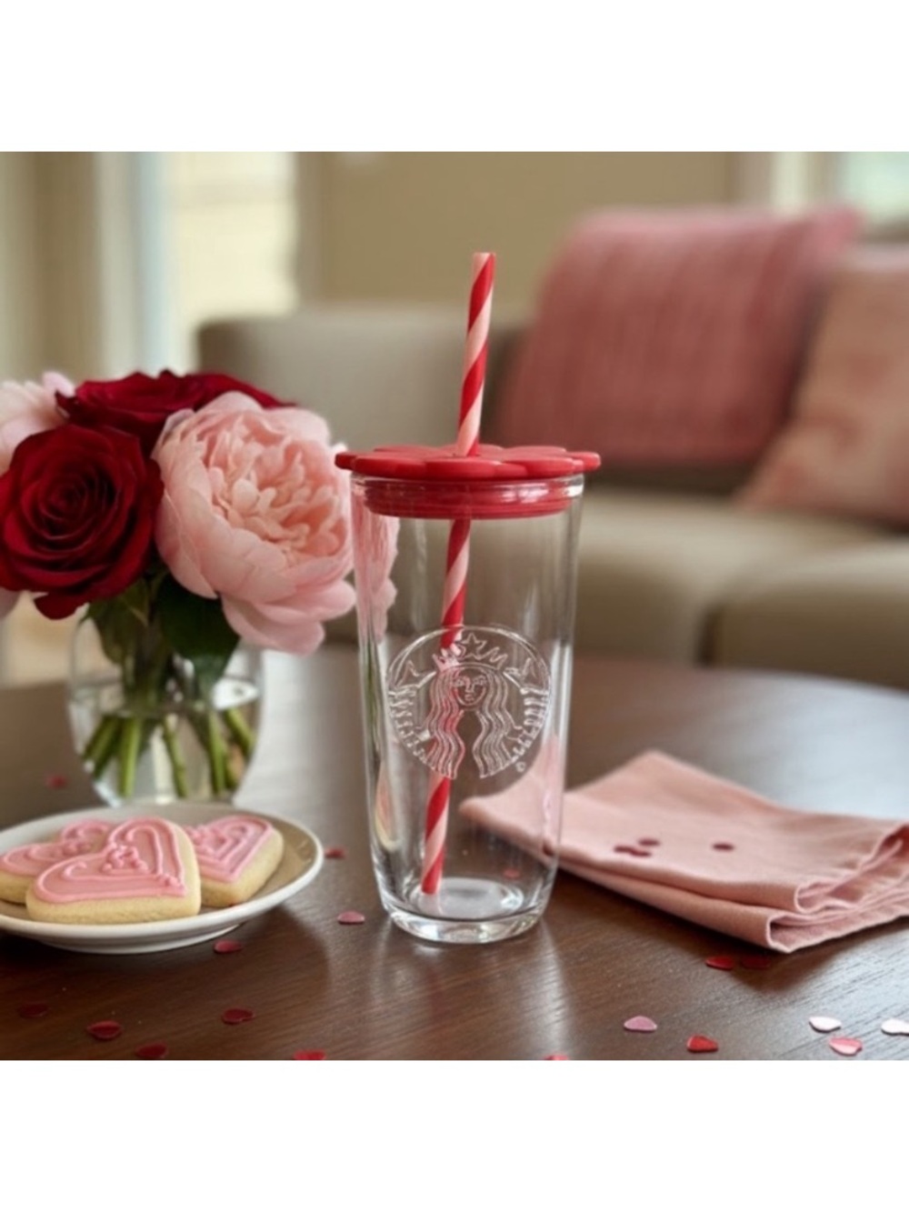 Starbucks Clear Double-Wall Glass Tumbler with Red Lid and Striped Straw